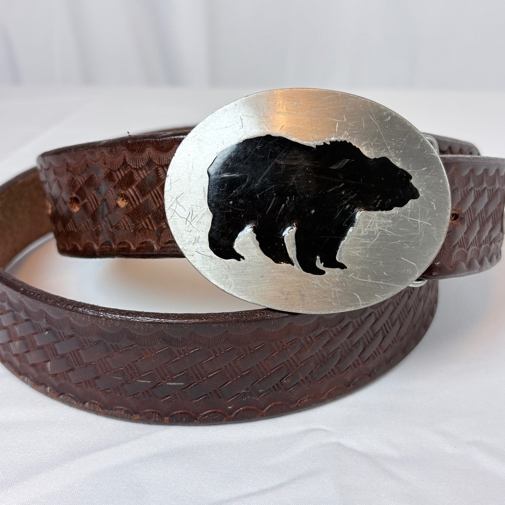 Vtg 1993 Siskiyou Pewter Black Bear Buckle Basketweave Brown Leather Belt 38